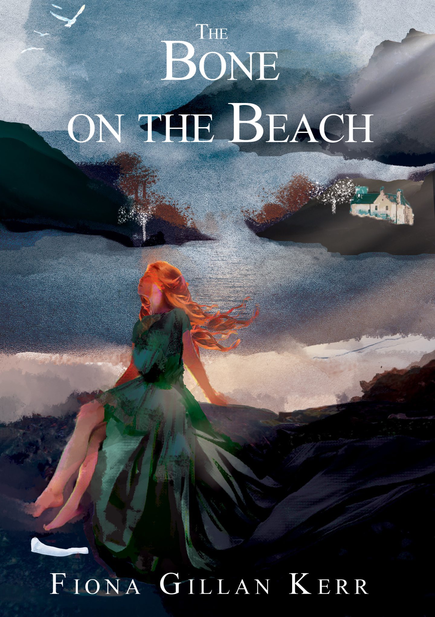 Image shows the cover of The Bone on the Beach by Fiona Gillan Kerr.The illustration is of a young woman with long auburn hair sitting on a cliff above a beach. 