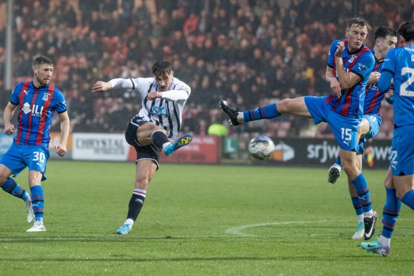 Lewis McCann scores a goal for Dunfermline against Inverness earlier in the season. Image: Craig Brown / DAFC.