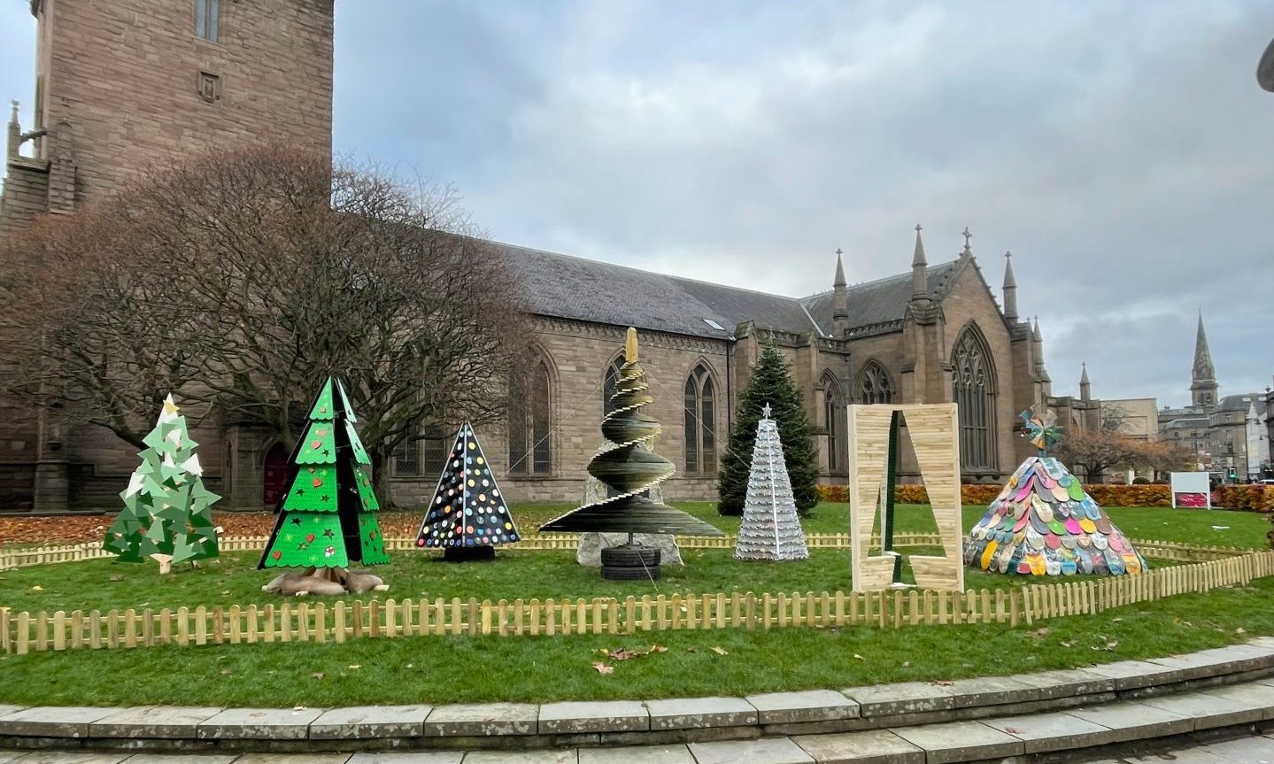 Dundee city centre 2023 Christmas trees made from recycled items