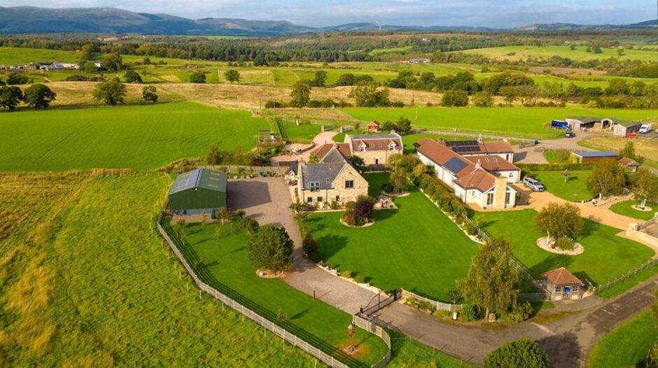 Aerial image of the Old Stables at Righead Farm on the edge of Devilla Forest in Fife.