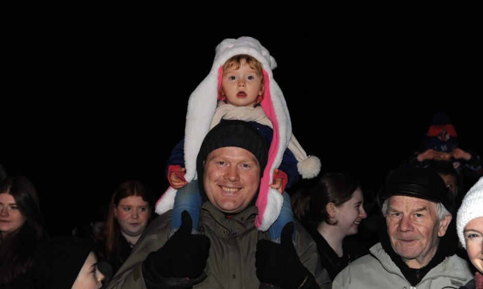 This wee one is getting a good view of proceedings at Buckhaven bonfire and fireworks.