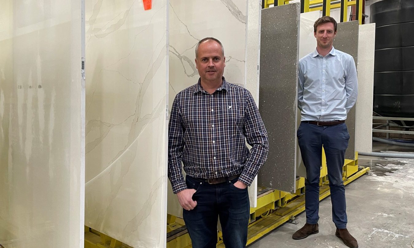 Discovery Stone directors Mike Fenton and Harry Ogilvie with some of their slabs for kitchen worktops. Image: Rob McLaren/DC Thomson.