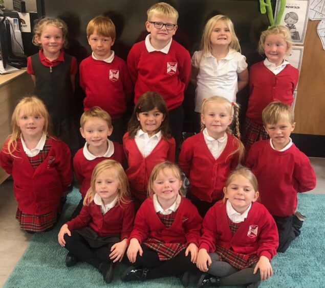 Edzell pupils smiling for their first class photo. 
