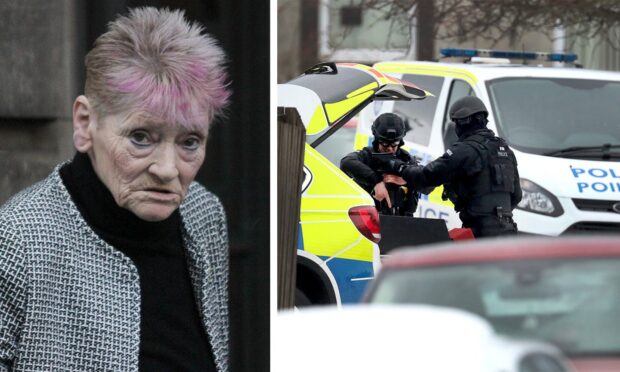 Frances Flood (L) and armed police at Balunie Street, Dundee, in February 2021 (R)