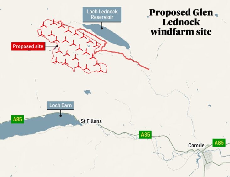 Map showing proposed windfarm location, in relation to Comrie, Loch lednock reservoir and Loch Earn