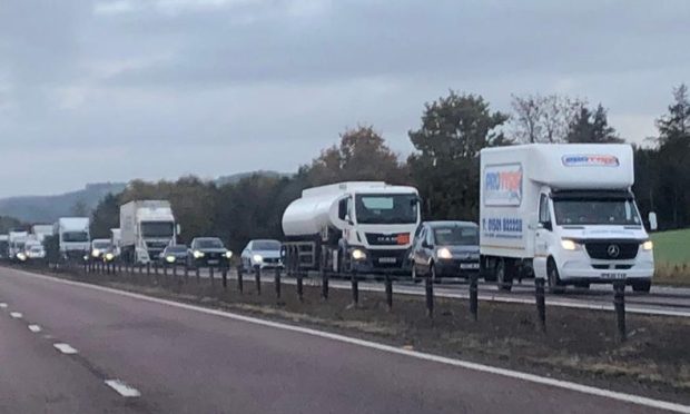 Queues on the A90 during roadworks near Inchture on Thursday. Image: Supplied