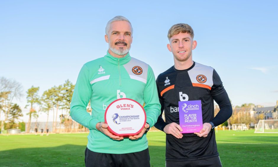 Jim Goodwin, left, and Kai Fotheringham clutch their awards after a fine month for Dundee United