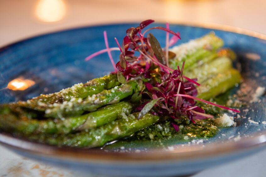 A blue plate of roast asparagus.