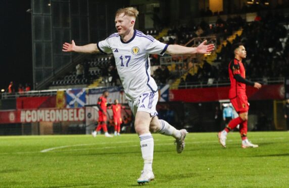 Dundee's Lyall Cameron celebrates after putting Scotland under-21s 2-0 up in Belgium.