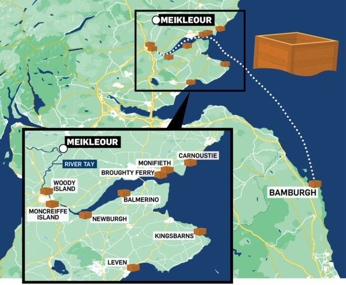 Map showing locations along the river Tay and the Angus, Fife and Northumberland coast where Meikleour estate tattie boxes have washed up