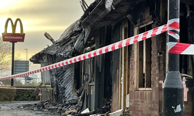 The burnt-out remains of the McDonald's at Monifieth. Image: Ben MacDonald/DC Thomson