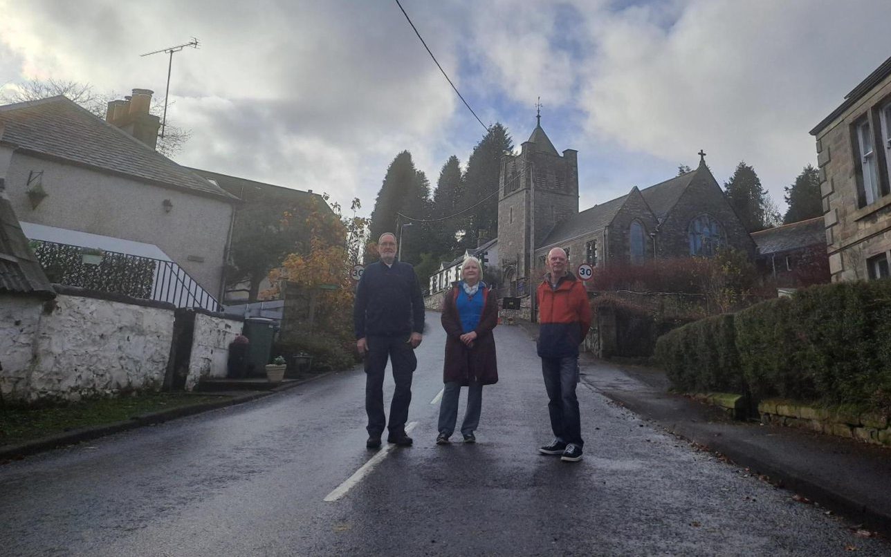 Scottish Water objectors Gordon and Linda Low and Ian Pilmer at the bottom of Church Brae, Glenfarg, a steep narrow street which leads to the water treatment works.