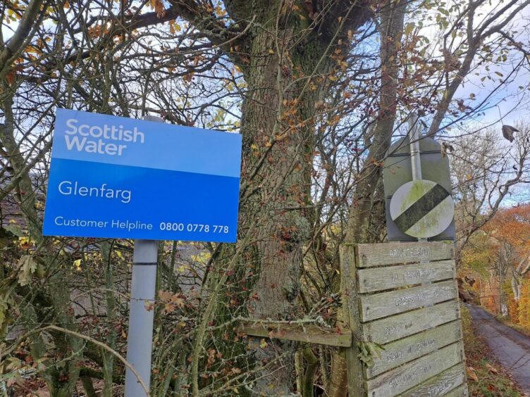 Sign for Scottish Water Glenfarg, at entrance to site.