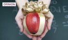 An apple gift-wrapped with a bow.