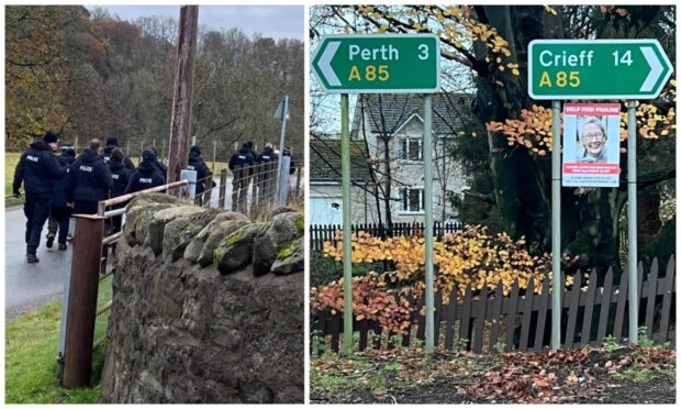 Collage of police searching for Pauline Alston at Dalcrue Farm, near Pitcairngreen, Perthshire, and a missing person sign on the A85.