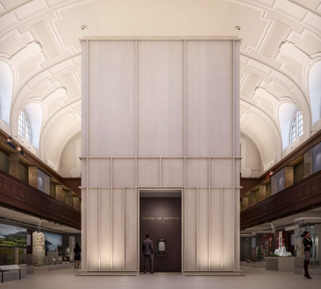 Artist impression showing Stone of Destiny display in large and airy Perth Museum in refurbished City Hall building
