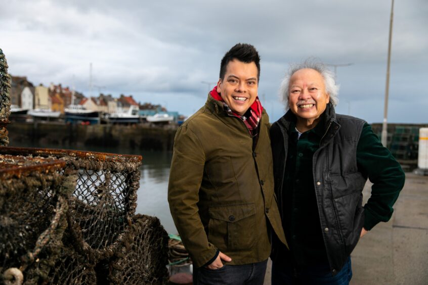 Foodie and TV Presenter, Nick Kwek with his dad, George Kwek at St Mona Harbour, Fife.