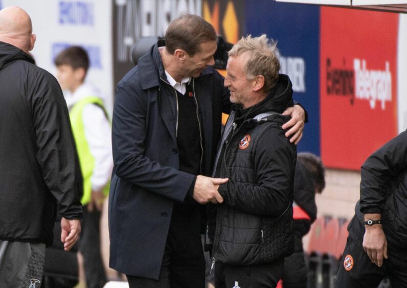 Duncan Ferguson, left, greets former United teammate and current Tannadice coach Dave Bowman