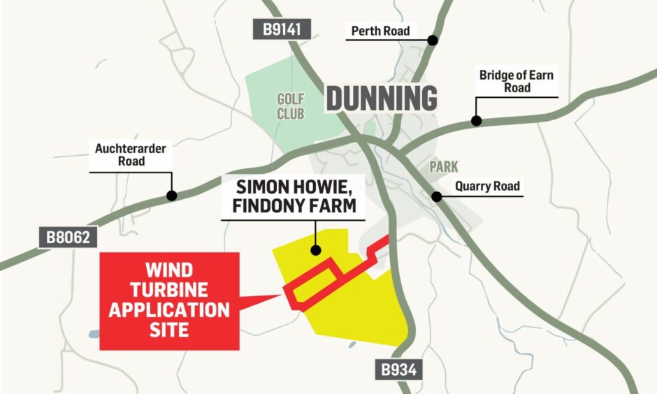 Map showing the site of the proposed wind turbine at Simon Howie's Dunning plant. Findony Farm is close to the edge of the residential area.