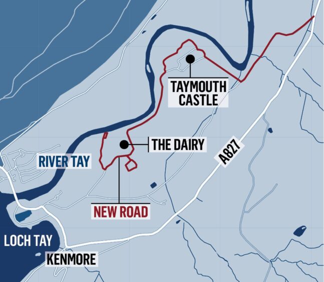 map showing location of dairy on Taymouth Castle estate.