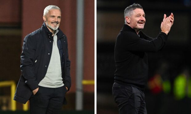 Dundee United boss Jim Goodwin (left) and Dundee counterpart Tony Docherty have both achieved their season's goal.