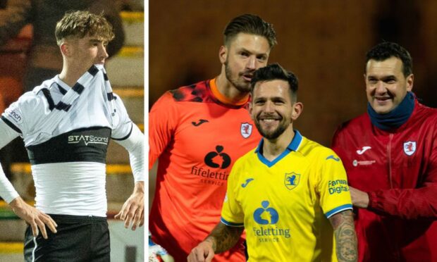 Dunfermline's Lewis McCann and Raith's Kevin Dabrowski, Dylan Easton and Ian Murray. Images: SNS.