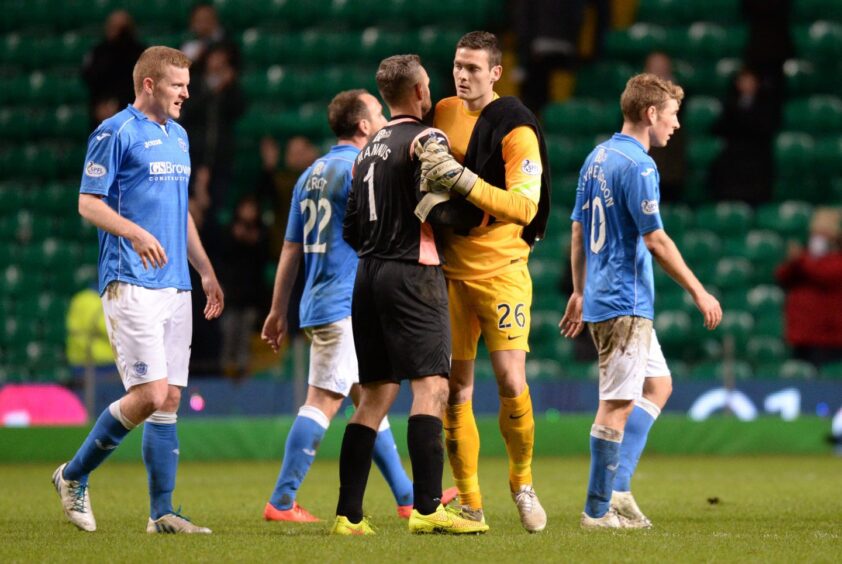 In March, 2015 St Johnstone beat Celtic at Parkhead. Mannus is congratulated on his clean sheet by opposite number, Craig Gordon.