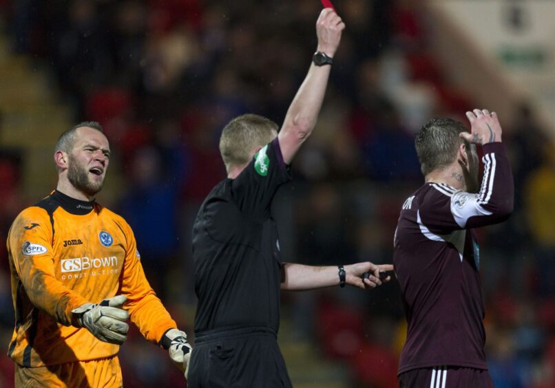 Alan Mannus and Hearts' Ryan Stevenson were sent off late in a 3-3 draw at McDiarmid Park in January, 2014, with Tam Scobbie being passed the gloves. 