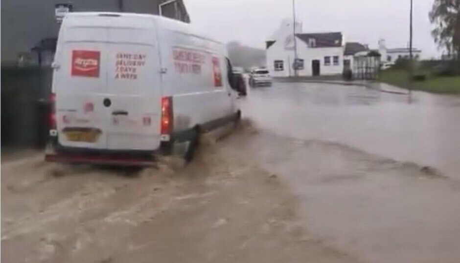 Roads in Pitlessie in north east Fife flooded.