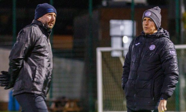 Jeanfield Swifts goalkeeper Mark Mitchell (left) with manager Robbie Holden. Image: DC Thomson, Kenny Smith.