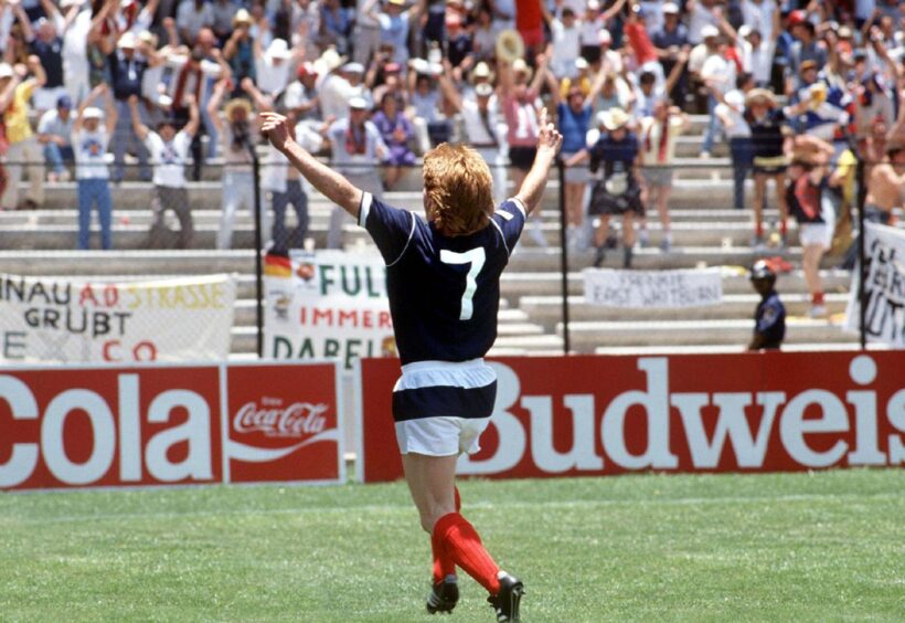 Gordon Strachan celebrates scoring against West Germany for Scotland in the 1986 World Cup.