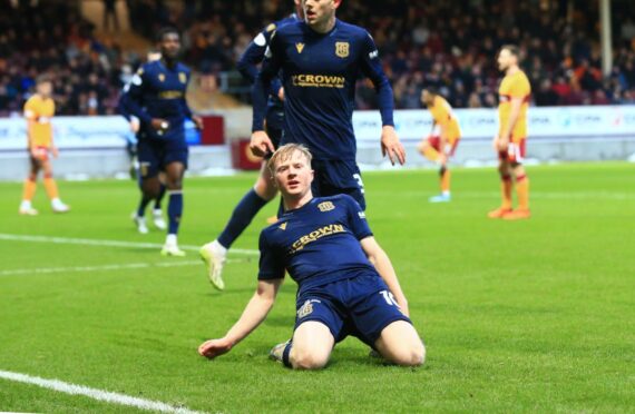 Lyall Cameron celebrates his goal at Motherwell. Image: Shutterstock/David Young