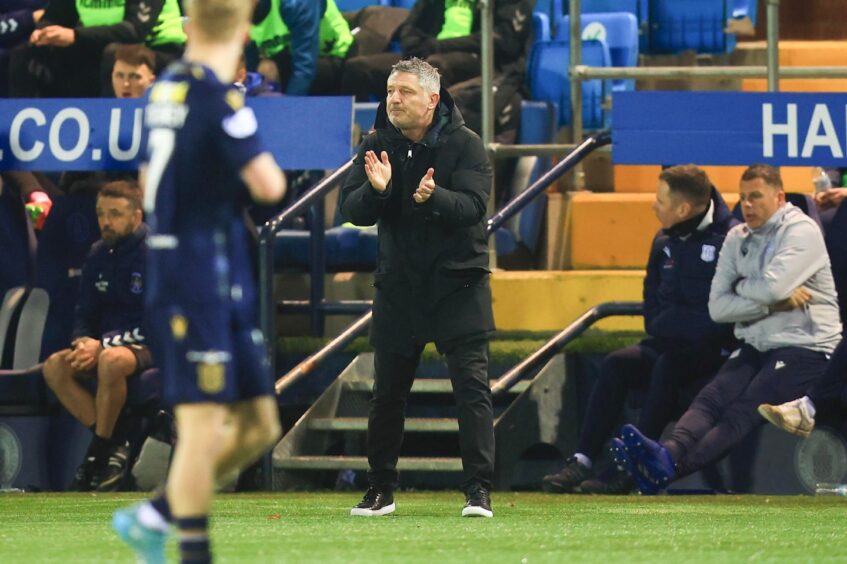 Dundee boss Tony Docherty at Rugby Park. Image: Shutterstock/David Young