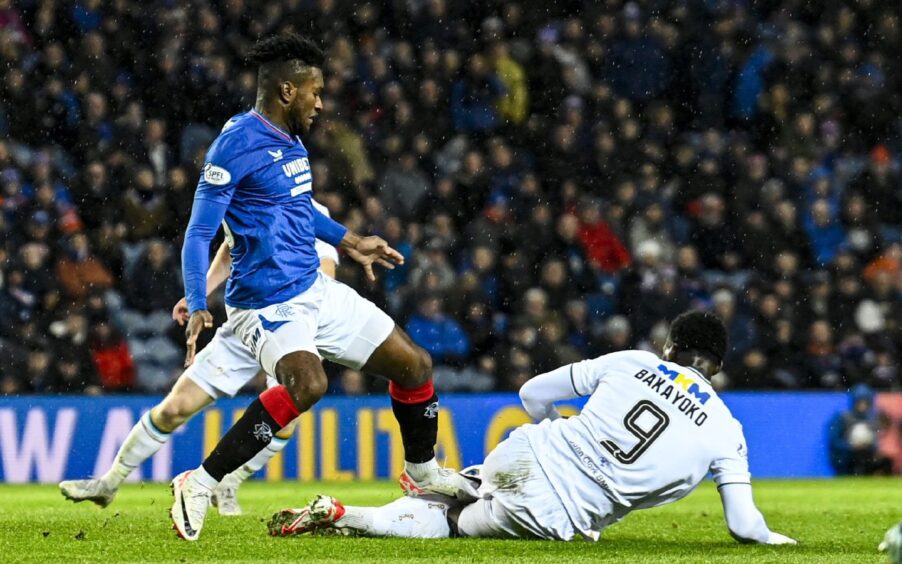Jose Cifuentes saw red for this challenge on Dundee FC striker Amadou Bakayoko. Image: SNS