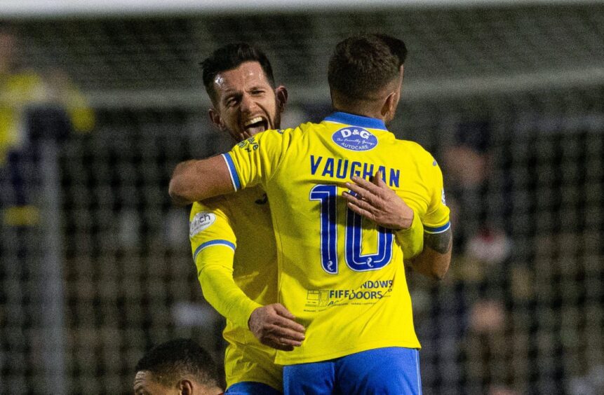 Dylan Easton hugs team-mate Lewis Vaughan after the latter had scored Raith Rovers' winning goal against Arbroath in December.