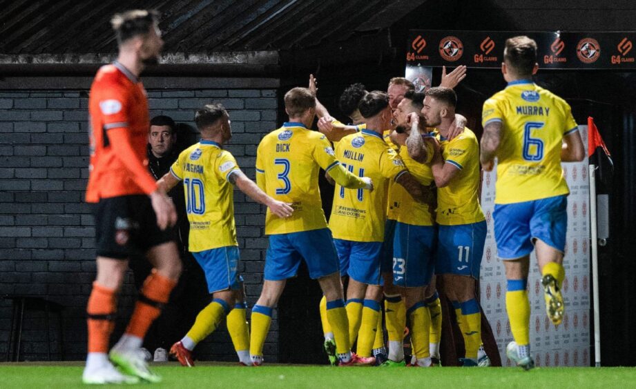 Raith Rovers stars celebrate Dylan Easton's winner against Dundee United