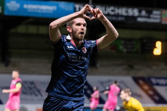 Sam Stanton makes a heart symbol with his hands as he celebrates scoring for Raith Rovers in his last appearance before injury.