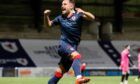 Lewis Vaughan leaps to celebrate scoring for Raith Rovers earlier in the season. Image: SNS.