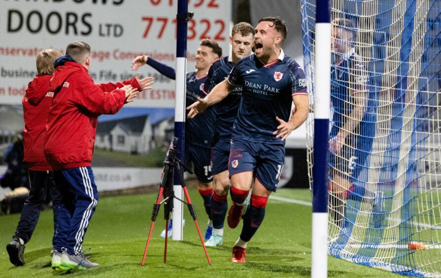 Lewis Vaughan celebrates one of his three goals for Raith Rovers against Ayr United last month. Image: SNS.