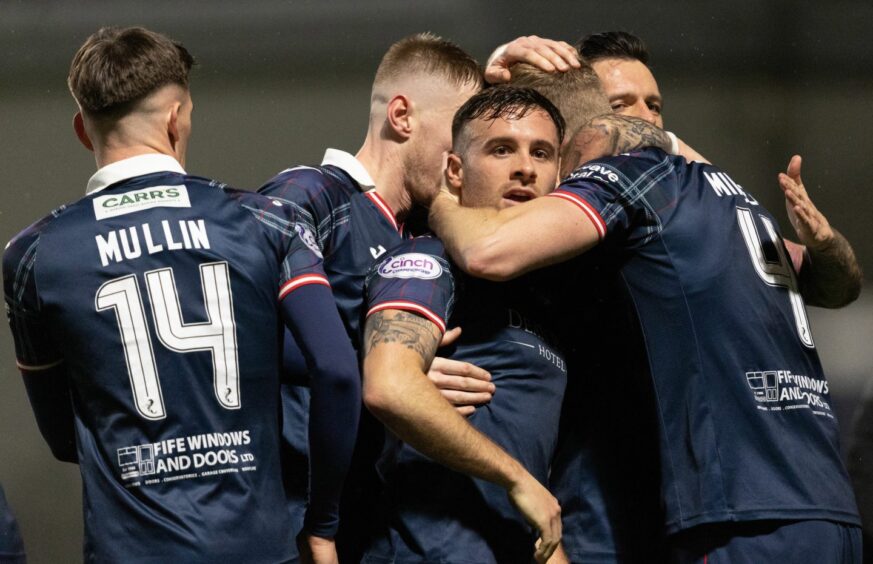 Lewis Vaughan is surrounded by Raith Rovers team-mates after scoring against Ayr United earlier in the season.