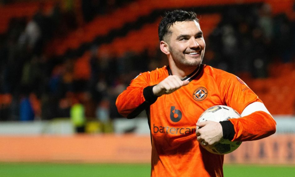 Tony Watt with the match ball after scoring a hat-trick against Partick Thistle