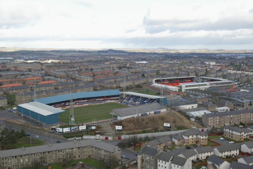An aerial view of Tanadice Park and Dens Park, the stadiums of football teams Dundee FC and Dundee United