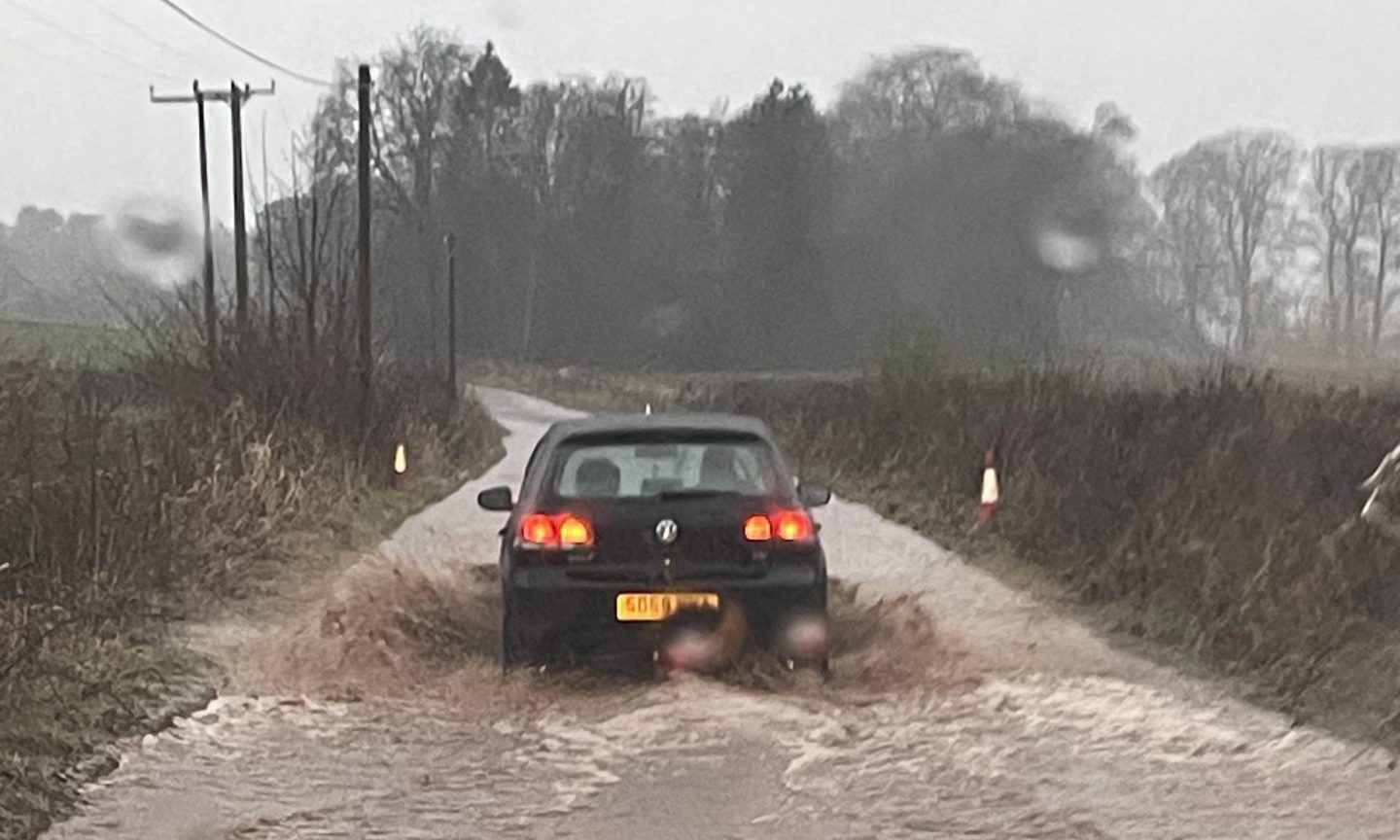 A flooded road at Burghill, near Brechin, during Storm Gerrit.