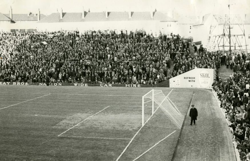 The Skol corner can be seen during this game against Rangers in 1975. Image: DC Thomson.