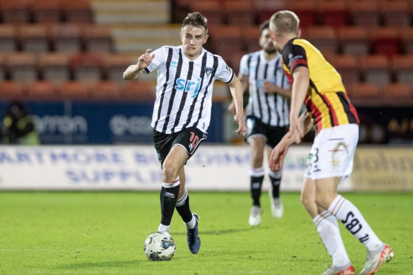 Midfielder Matty Todd runs with the ball for Dunfermline Athletic against Partick Thistle at East End Park. Image: Craig Brown / DAFC.