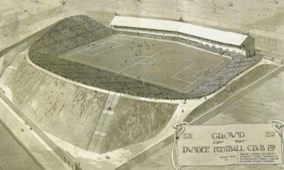 Archibald Leitch design of his plan for Dens Park to have a capacity of 80,000.
