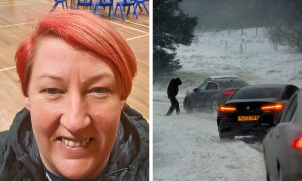 Dinner lady Leisa Dick in the Pitlochry High School dining hall. The other hald of the image shows vehicles stuck on the A9 during Storm Gerrit.