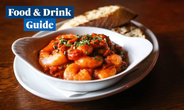 The best food and drink to try in Forfar, including the Stag's king prawns with chorizo and roasted peppers. Image: Mhairi Edwards/DC Thomson.