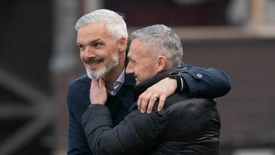 Jim Goodwin, left, and Lee Sharp on the touchline