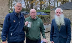 Alban Houghton (left) 
and Richard Briklnlow of Dundee and Angus SWT group with Balgavies warden Jim Hughes (centre). Image: Supplied
